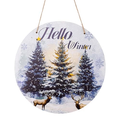Image of Hello Winter Door Sign with Rope, Pine Elk Winter Wooden Sign Hello Winter Hanging Sign Welcome Sign Seasonal Wooden Wreath Winter Decorations for Home Front Door Farmhouse