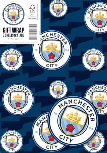 Image of Manchester City FC Wrapping Paper 2 sheets 2 tags, Manchester City Football Gift Wrap