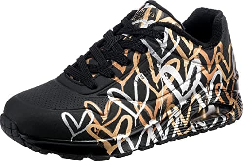 Image of Skechers Women's Uno Metallic Love Trainers, Black and Multi Metallic Heart Print Durabuck, 6 UK