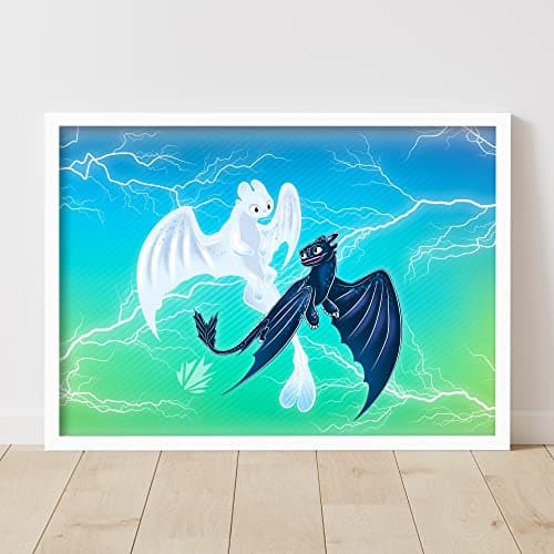 Image of Themed How To Train Your Dragon - Light Fury and Night Fury Wall Art Poster (Black Frame, A3)