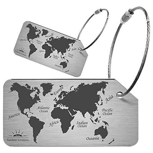 Image of NAJ Luggage Tags 2 Pcs, Luggage Labels for Suitcase, Brushed Aluminum Alloy Travel Accessories with World Map Design Name ID Labels for Small & Large Suitcase, (World Map Pack-2) Silver