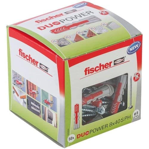 Image of fischer DuoPower 8 x 40 S PH, powerful universal plug with panhead screw, intelligent 2-component technology for fastenings in concrete, bricks, stone, gypsum plasterboard, etc., 50 plugs & 50 screws