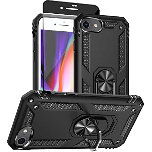 Image of Aozuoton iPhone SE 2022/2020, 8/7 Case With HD Screen Protector - Military Grade 16ft. Drop Tested Ring Shockproof Protective Phone Cover, Black