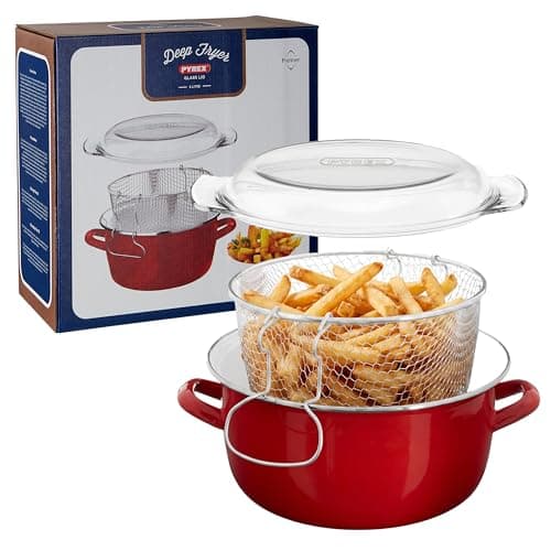Image of Premier Housewares Functional Design Red Deep Fryer | Enamel On Steel Deep Fryer For Crispy Cooking | Durable 24cm Fryer With Basket | Heat-Resistant Deep Frying Pan