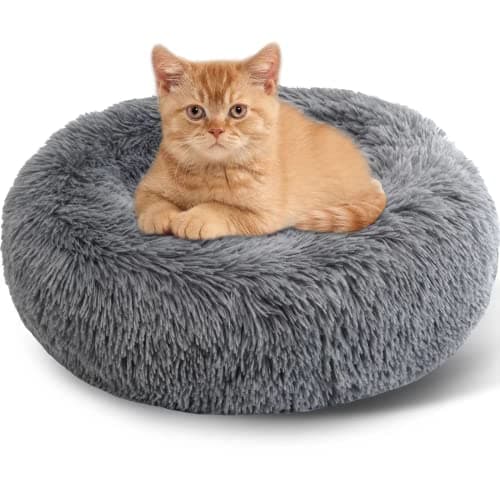 Image of Enjamoy Plush Donut Dog Bed, Calming Round Dog Cat Bed Soft and Fluffy Cuddler Pet Cushion Self-Warming Puppy Beds Machine Washable, Dark Grey 50cm