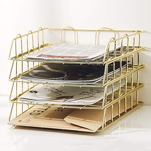 Image of Jolitac Rose Gold 4-Tier Stackable Paper Tray Desk Organizer, Workspace Decorative Stacking Rack Supplies Holder, Metal Letter Trays for File Documents in Home & Office (Gold)