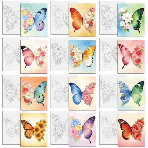 Image of MAYJOYDIY 12 Pcs Butterfly Flowers Pre Drawn Canvas to Painting Sunflower Rose Magnolia Pre Printed Canvas 25×20cm Butterfly Exotic Floral DIY Paint Art Board for Beginners, Party Favor