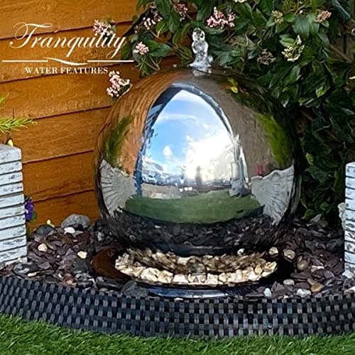 Image of Tranquillity 40cms Stainless Steel Sphere Mains Powered Water Feature, Waterfall, Fountain, Garden Decoration, Feature
