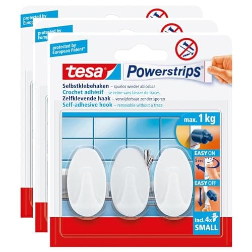 Image of tesa® Powerstrips® Small Oval Adhesive Hooks White 3 Hooks / 4 Strips (3 Pieces) You will receive 1 Pack of 3