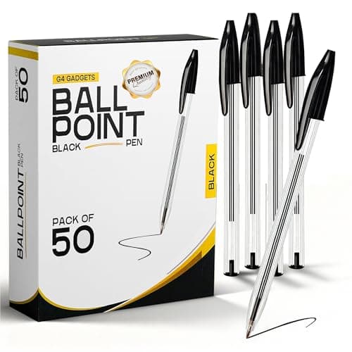 Image of G4GADGET Pack of 50 Black Pens - Medium Tip Fluent Smooth Writing Black Biro Ballpoint Pens
