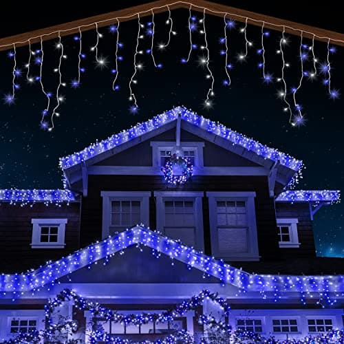 Image of ANSIO® Outdoor Christmas Lights 220 LED 7.5m/24ft Icicle Lights Outdoor & Indoor Blue & Cool White Decorations String Fairy Outside Lights with Timer for Xmas Garden Bedroom & Party |Mains White Cable