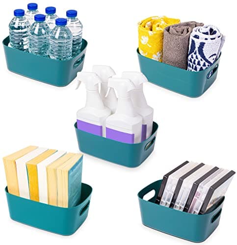Image of Stackzy Plastic Storage Baskets for Shelves – Strong Storage Boxes with Handles – Home and Kitchen Organiser – Rectangular Cupboard Storage Boxes –– Stackable Pantry Basket – Blue, 5pcs