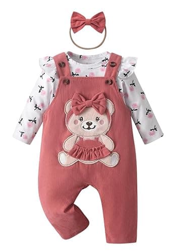 Image of Kumsolu Baby Girl Clothes Ruffled Sleeve Tops Bear Print Dungarees 3-Piece Outfit Set 3-6 Months