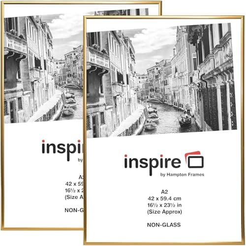 Image of Hampton Frames, Backloader Poster Frame Set, A2 42x59cm, Gold, Acrylic Non-Glass | Easy Back Loading, Lightweight Design, Shatterproof | Display Posters & Art Securely