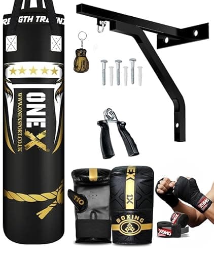 Image of ONEX Heavy Filled Boxing Punch Bag Set Gloves Bracket MMA Pad Punching Kick Bag 13Pcs 3ft – 4ft - 5ft With Straps (Black, 4f)