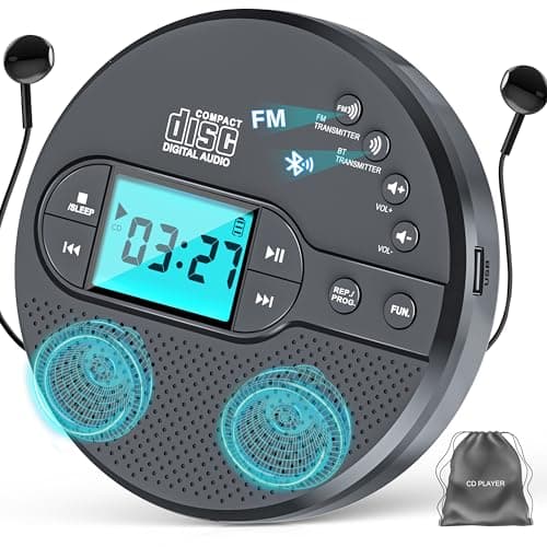 Image of 2000mAh Rechargeable Discman CD Player with Bluetooth FM Transmitter,Headphones,LCD Screen,AUX,Built-in Speaker,USB-Portable Personal CD Player Anti-Skip Protection for Car (Grey)