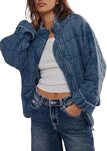 Image of Womens Dolman Lightweight Quilted Jackets Zip Up Long Sleeve Stand Collar Loose Fit Coats Warm Winter Outwears with Pockets