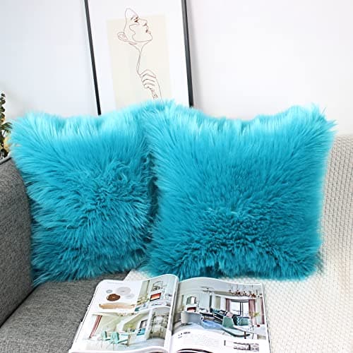 Image of OYIMUA Teal 18x18 Cushion Covers Pack of 2 Fluffy Soft Faux Fur Square Pillowcases Autumn, Luxury Home Decorative Cozy Plush Pillow Covers Case 45 x 45 for Sofa Bed Living Room