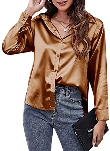 Image of Silk Shirts for Women Long Sleeve Blouse Botton Down Solid Shirts Satin Casual Plain Shirt for Lady Office Work Business Party Wear Brown S