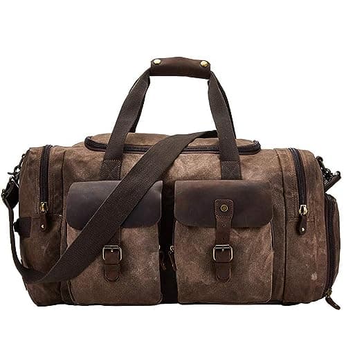 Image of BRASS TACKS Leathercraft Waxed Canvas Duffel Bag Vintage Waterproof Overnight Duffel Weekend Travel Bag for Men Women with Shoes Compartment(Dark Brown)