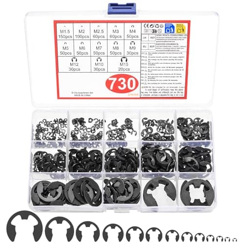 Image of 730 Pcs Circlips Assorted Sizes, External Retaining Rings Snap Circlip Washers, C Clip E Clip Circlip Assortment Kit, Internal Snap Opening Rings for Circlips Pliers(Black)
