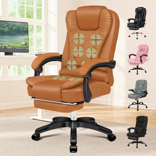 Image of ELFORDSON Executive Office Chair with 8-point Massage Seat Heated, PC Desk Gaming Chair with Armrests Footrest High Back 150° Recliner Tilt Padded Swivel PU Leather, Brown