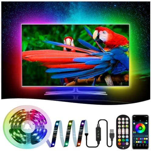 Image of 5M TV LED Backlight, RGB LED Strip Lights with IC, RF Remote and APP Control, Music Sync Color Changing TV Backlight Kit, USB Powered DIY HDTV Mood Lighting for 65-75 Inch TV Monitor Game Room Decor