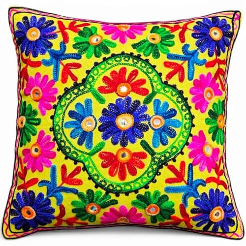 Image of Original Kikan Suzani Multi Colour Floral Embroidery 16"x16" 40 x 40 cm Indian Ethnic Cushion Cover Takiya Sofa pillow Zipper Back (YELLOW)