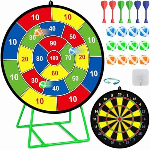 Image of Kids Dart Board Set,Double Sided Dart Board with Bracket,12 Sticky Balls,6 Darts,Indoor & Outdoor Party Games Toys Gifts for 3 4 5 6 7 8 9 10 11 12+ Year Old Boys Girls and Adult