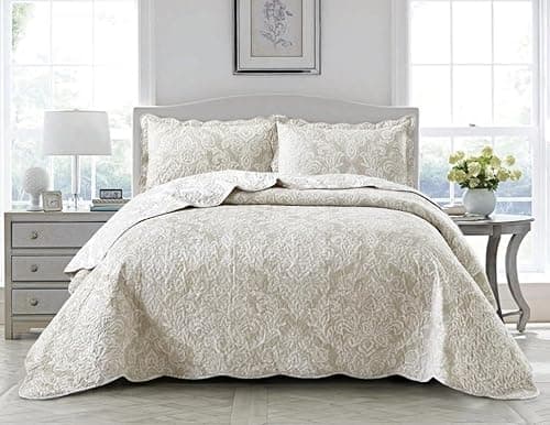 Image of PRIME LINENS Luxury 3 Piece Quilted Printed Bedspread Set Throw Bedding Set Includes Soft Bed Throw Comforter with 2 Pillow Shams Embroidered Machine Wash (Damask Beige, King)