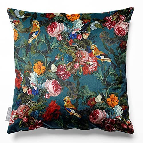 Image of Izabela Peters Luxurious Designer Cushions With Covers Included- Eco-Friendly Velvet Decorative Pillow Filled Cushions For Bed Sofa Living Room - Birds in Paradise - Teal, 45 x 45 cm (18'' x 18'')