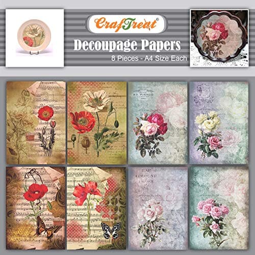 Image of CrafTreat Reusable Rose Decoupage Paper for Crafts and Furniture - Poppies and Roses - Size: A4 (8.3 x 11.7 Inch) 8 Pcs - Furniture Decoupage Paper Poppies - Floral Decoupage Paper for Furniture