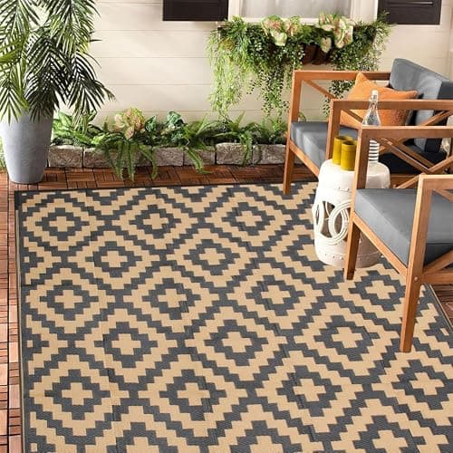 Image of Enipate Geometric Outdoor Rugs for Garden Patios, 4x6ft Waterproof Reversible Decking Rug, Large Plastic Portable Woven Picnic Blankets Carpet Mat