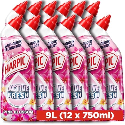 Image of Harpic Active Fresh Toilet Cleaning Gel, Pink Blossom, 750ml (12 x 750ml, Total 9.0L), with Essential Oils, Anti-odour, Toilet Cleaner, Kills 99.9% of Bacteria