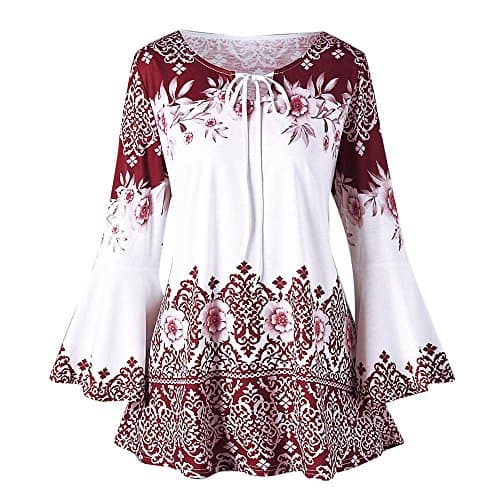 Image of Keepink Ladies Tops Plus Size Vintage Floral Printed Tshirts Keyhole Drawstring Blouse Loose Fit Tunic Tops Summer Elegant Long Flare Sleeve Shirts 70S Boho Outfits S-5XL