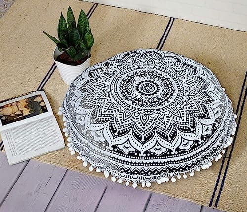 Image of 22" Round Mandala Floor Pillow Cover Cushion Sofa Seating Throw Hippie Round Colourful Decorative Bohemian Boho Chic dog bed Indian Pouf Ottoman Handmade (Ombre- Black/Grey)