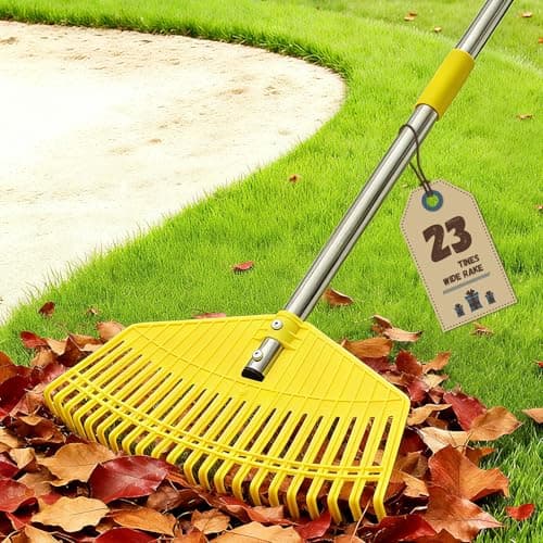 Image of Garden Rake, Extra Wide 42 cm Leaf Rake, Lightweight Long Handle for Women Seniors Kids Effortless Clean-Up, 23 Flexible Tines for Lawn-Friendly, 165 cm Adjustable Plastic Rakes for Garden, Yellow