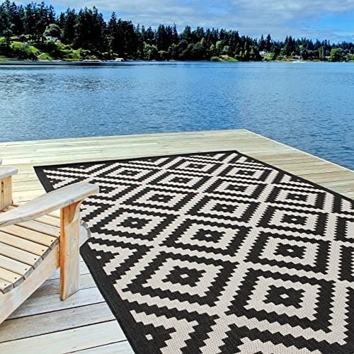 Image of THE RUGS Outdoor Rug – Weather & UV Resistant Outdoor/Indoor Area Rugs - Durable Rugs for Patio, Deck, Garden, Kitchen, Bathroom or Living Room - Black, 160 x 230 cm