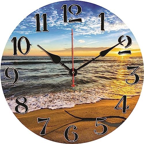 Image of TAHEAT Coastal Wall Clock, 12 Inch Unusual Sunset Beach Waves Silent Non Ticking Battery Operated Clock Decorative for Bathroom Kitchen Bedroom Living Room