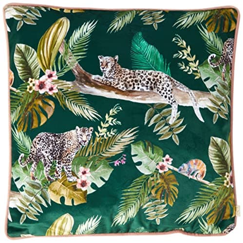 Image of Evans Lichfield Jungle Leopard Cushion Cover – Velvet Rainforest Design (Green – 43 x 43 cm)