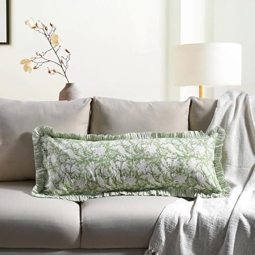 Image of CPC Olive Green 100% Cotton Block Print Ruffle Sham Cover 14x36 inch, Handmade Boho Floral Pillowcase, Farmhouse Cottagecore Bedding, Soft Decorative Cushion Cover for Bedroom Décor