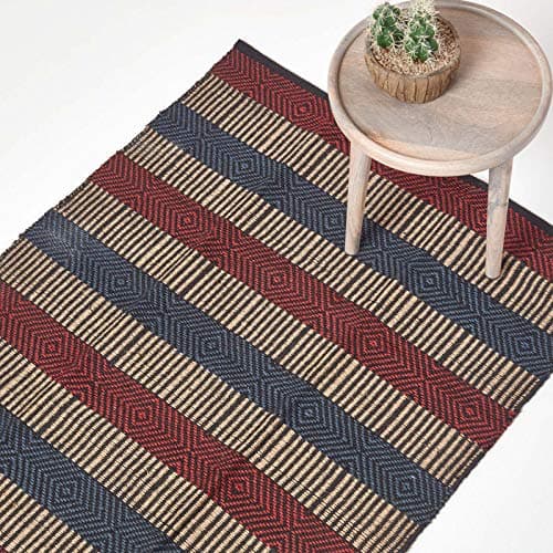 Image of HOMESCAPES Small Modern Jute Rug Red, Blue and Black Striped Geometric Design 60 cmx 100 cm (2ft x 3ft) Heavy Duty Suitable for Halls, Living Rooms or Conservatories