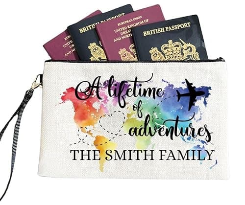 Image of Personalised Family Passport Holder, 15 x 24 cm Linen Travel Document Organiser, Watercolour World Map Design, Holds 8 Passports (Passport Holder)