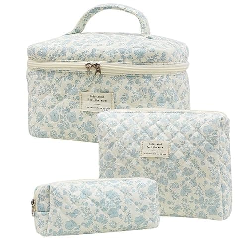 Image of 3Pcs Cotton Quilted Makeup Bag,Portable Travel Cosmetic Bag,Large Capacity Coquette Aesthetic Make Up Bag Organizer,Travel Toiletry Bag with Handle for Women Girls Ladies (Blue)