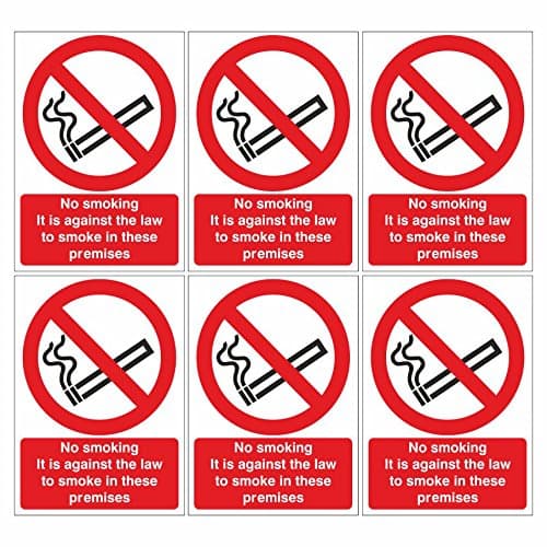 Image of Pack of 6 No Smoking It Is Against The Law To Smoke In These Premises Signs 150mm x 200mm - Self Adhesive