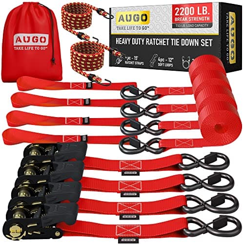 Image of AUGO Ratchet Tie Down Straps –4 PK– 4.5m – 1000 KG Break Strength – Safety Lock S Hooks –for Moving Cargo, Appliances, Lawn Equipment, Motorcycle – Includes 2 Bungee Cords, 4 Soft Loops, Storage Bag