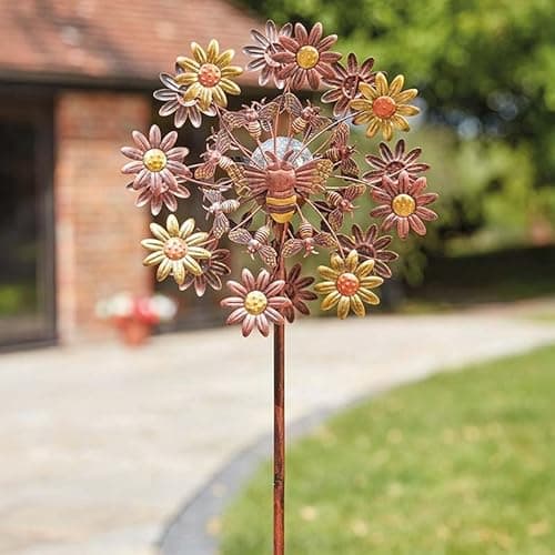 Image of Garden Mile Large Solar Wind Spinner - 130cm Metal Freestanding Solar Stake Light With Colour Changing LED Light - Wind Turbine For Outdoor Lights, Garden Ornaments Outdoor, Pathway Lighting & Decor