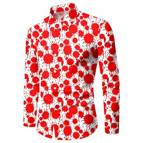 Image of Male Party Halloween Bloodstain Printed Shirt Long Sleeve Turn Down Shirt (Watermelon Red M)