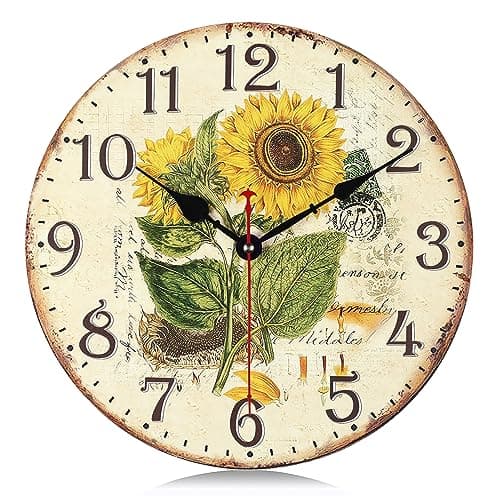 Image of Lafocuse 12 Inch Silent Wooden Sunflower Wall Clock Yellow Battery Operated, Vintage Shabby Chic Rustic Farmhouse Kitchen Clocks Wall Decorative for Living Room Bedroom Office