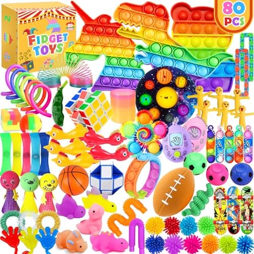 Image of Chennyfun Rainbow Unicorn Fidget Toys Pack, Stress Reliever Fidget Toys Set for Kids and Adults, Party Favors, Treasure Chest Goodie Bag Rewards for Autistic ADHD - Autism Bulk Fidgets Box Gifts